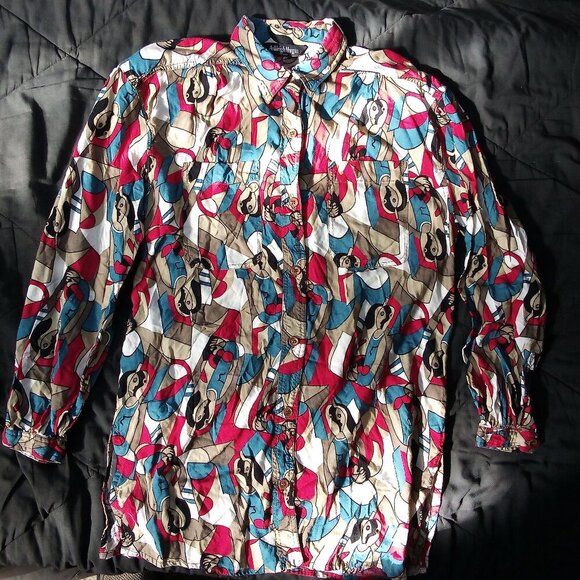 Vintage Ashleigh Morgan Cubist Abstract Geometric Button Shirt Blouse - Picture 2 of 7